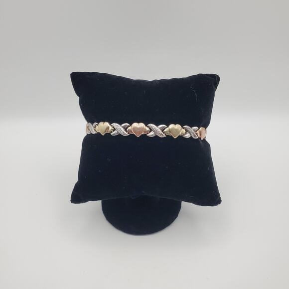 925 Sterling Silver Turkey Vermeil 10K Gold Hugs & Kisses Linked Bracelet 7.25 - Picture 1 of 8